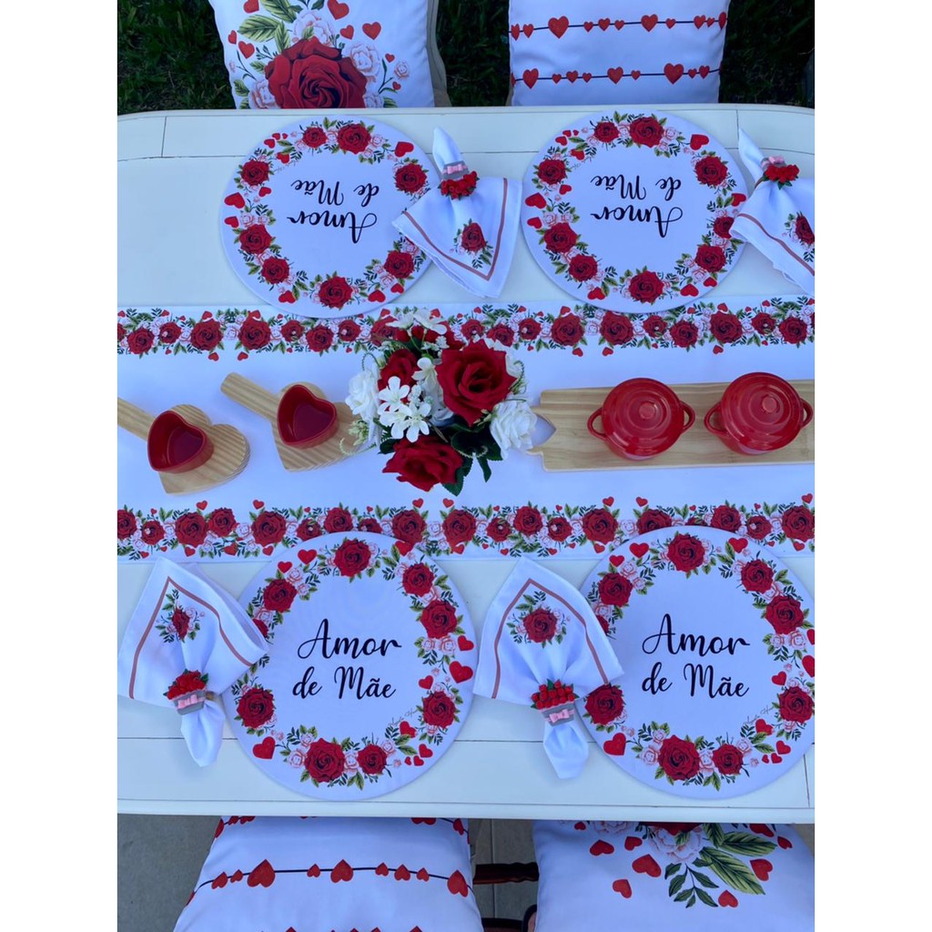 Kit Dia Das Mães 6 Capas + 6 Guardanapos + 6 PG + 1 Trilho Sousplat Supla Presente Promoção