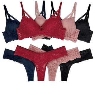 Conjunto Lingerie Renda Sutiã Strappy Com Tirinha Com Bojo Com Aro Calcinha Fio Dental Nicole