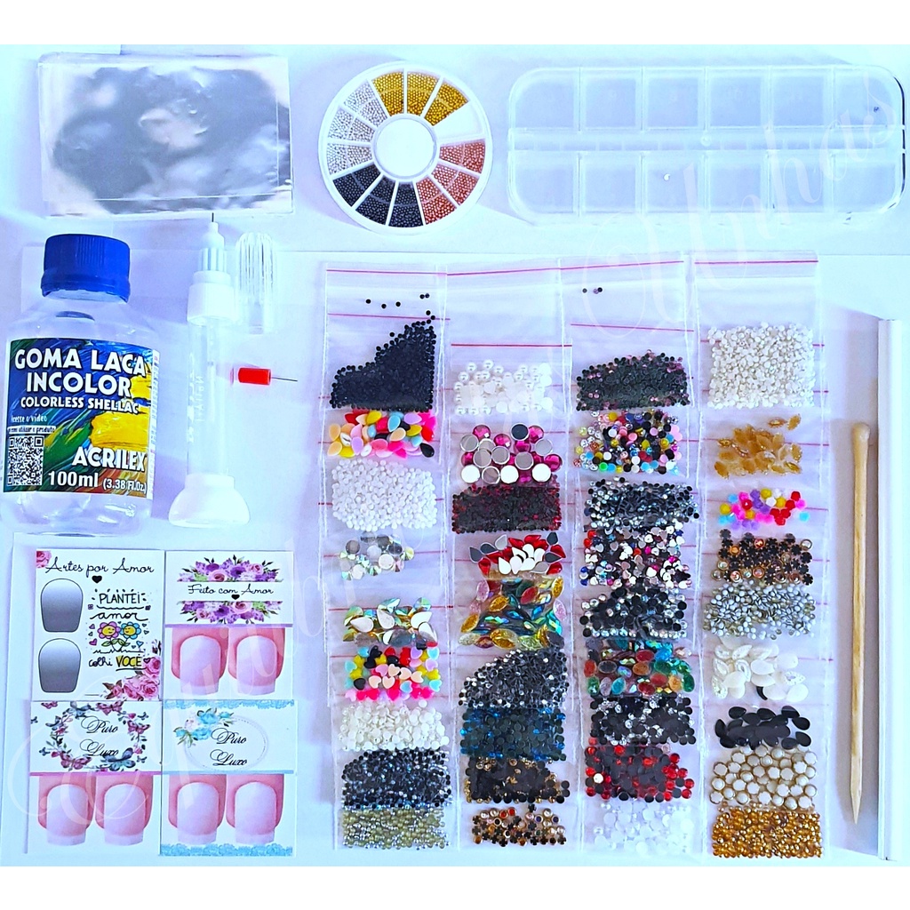 Kit Pedrarias para Joias de Unhas (aprox 6.570 pedrarias) + BRINDE,  decoração de unha e nail art, Cartões Filha Única, goma laca, decoração, Joinhas, adesivos