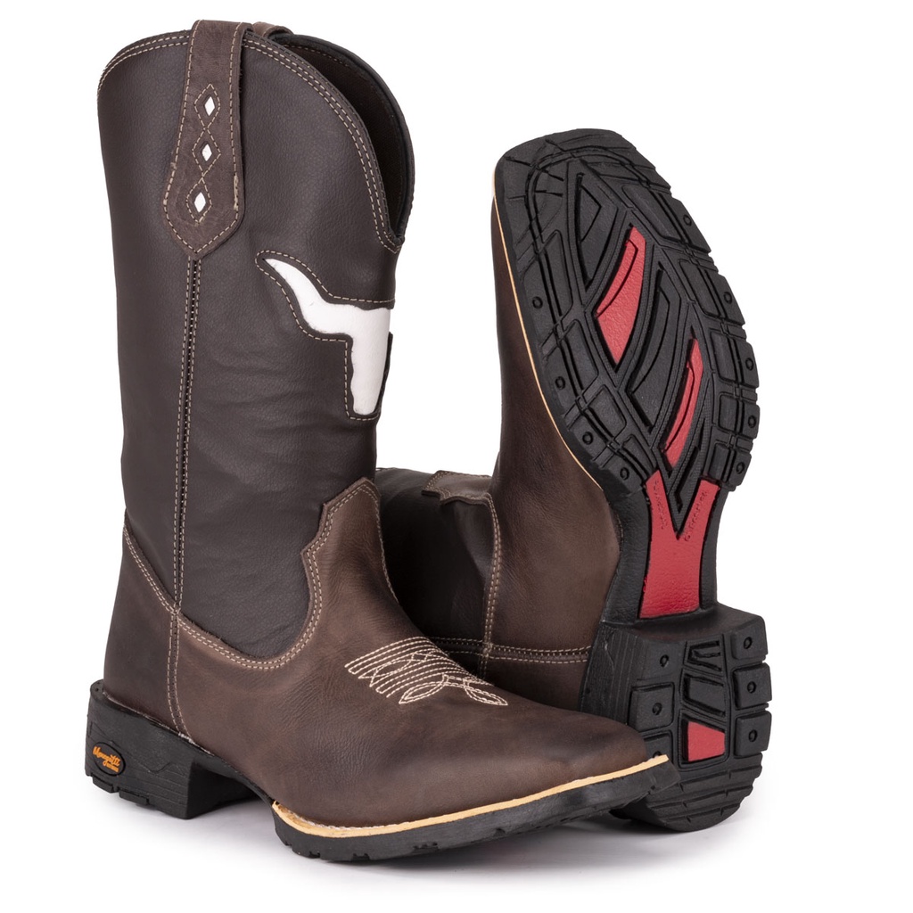 Bota Texana Masculina Country Bico Quadrado Em Couro Solado De Borracha Costurado Touro Vazado