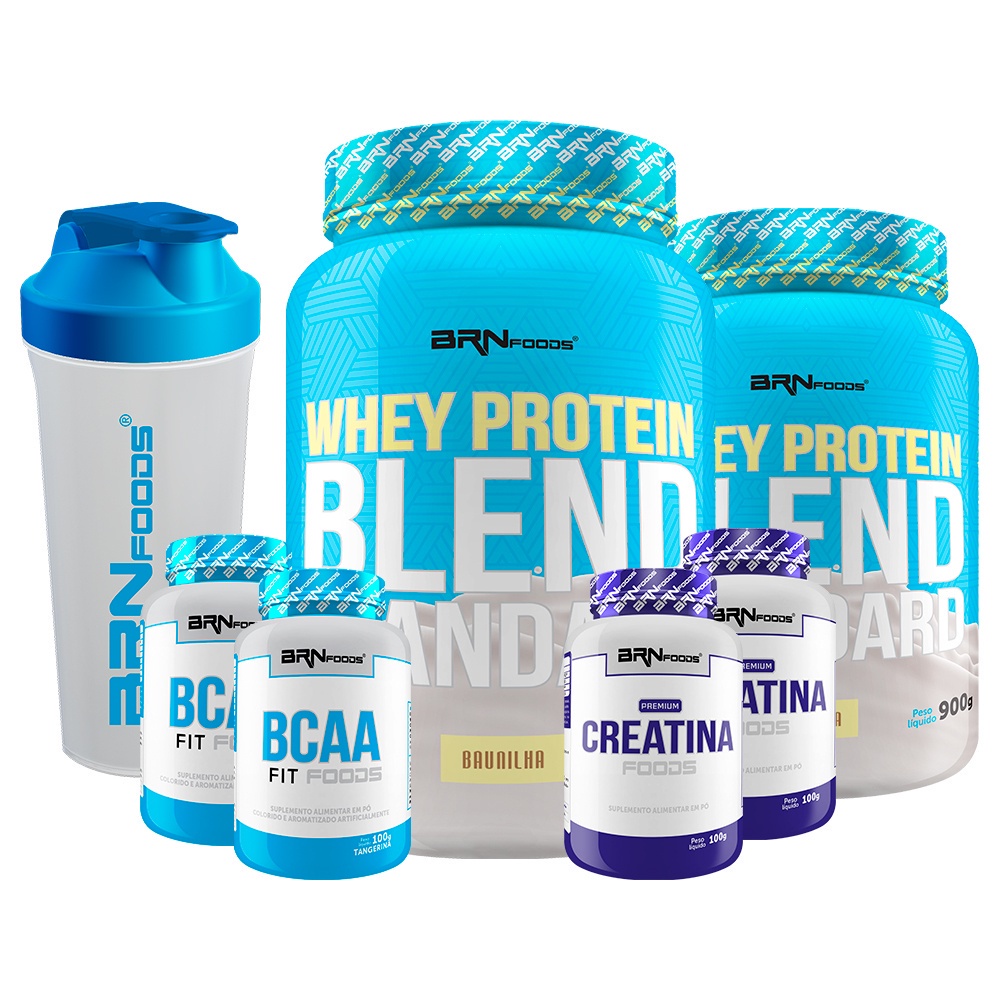 Kit 2x Whey Protein Blend Standard 900g + 2x Premium Creatina 100g + 2x BCAA FIT 100g + Coqueteleira 600ml - BRN FOODS Suplementos para Definição e Performance