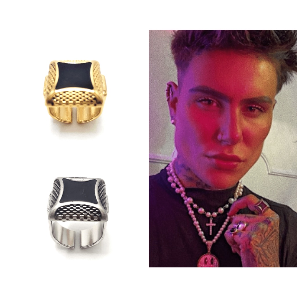 Anel Masculino Quadrado Joia Bloc BLCK Banhado a Prata Ouro