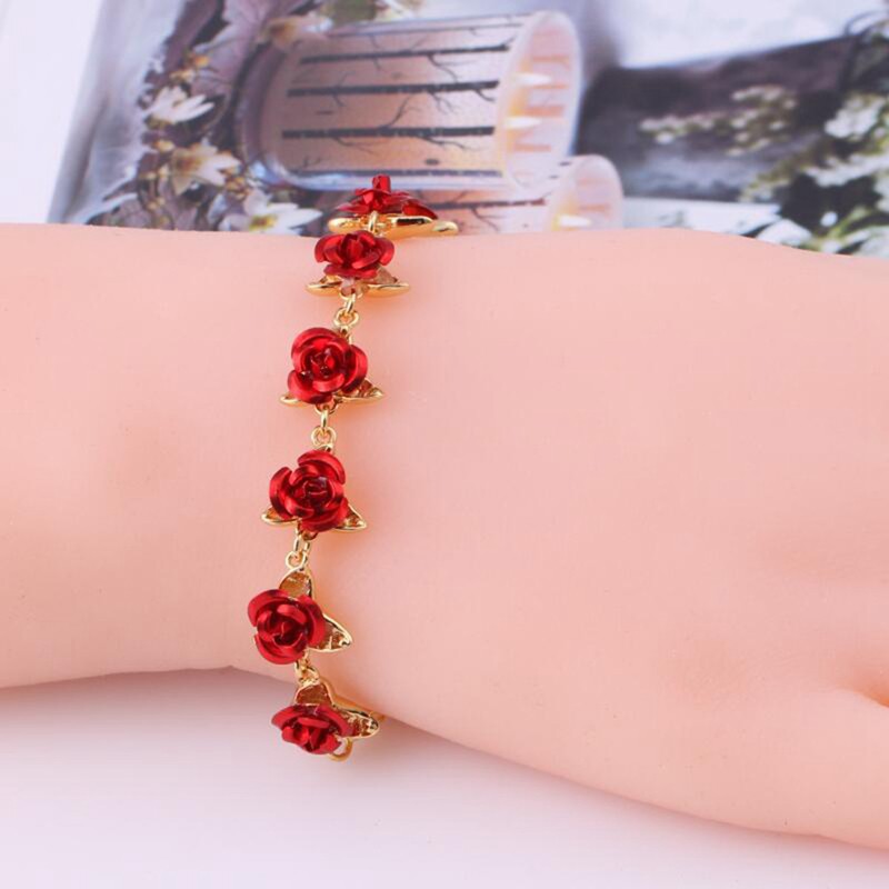 Imagem 18K Banhado A Ouro Rosa Amor Pulseiras Em 100 Idioma Romântico Bonito Red Rose Flor Charm Bracelet