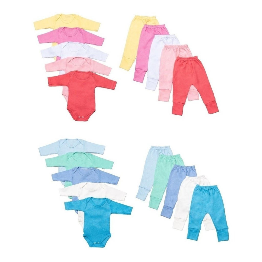 Kit 10 Peças Body E Calça Mijão Para Bebês Algodão Manga Longa
