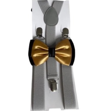 Kit Suspensório Cinza + Gravata Borboleta Dupla Preto/Dourado