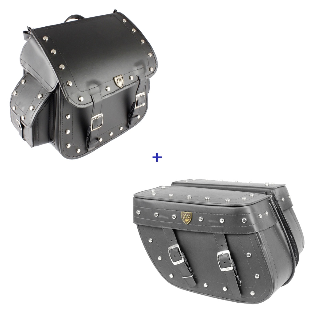 Kit Viagem Alforge Traseiro 50 Litros Couro Sintético C/ Cravos + Alforge Lateral Losango 32 Litros Couro Sintético C/ Cravos