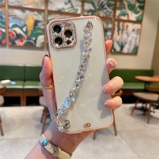 Para Apple iPhone 15 14 13 12 Mini 11 Pro Max XR X XS 8 7 Plus SE 2020 SE2 Caixa 6D Lente De Revestimento Rhinestone Capa Da Do Telefone Celular Com Corrente Diamantada