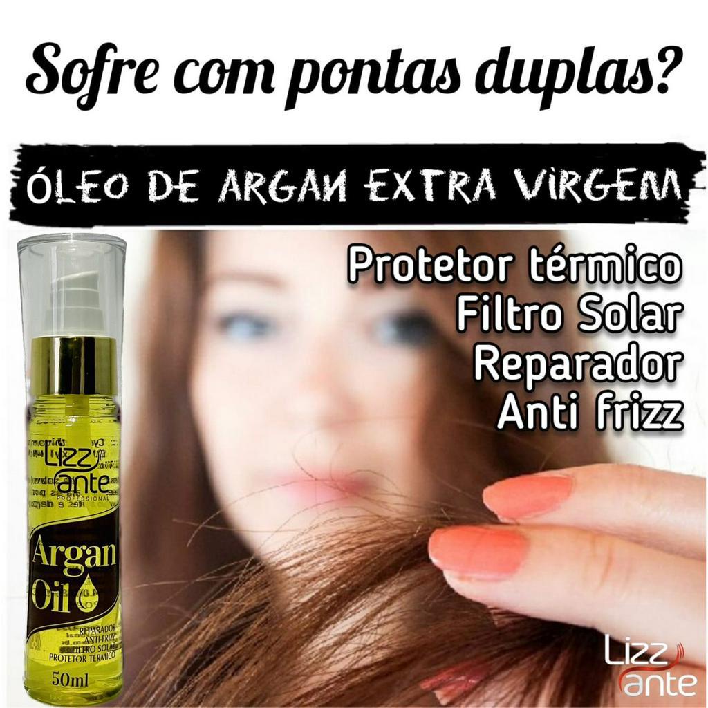 Óleo de Argan 50ml Lizz ante - Protetor Térmico - Protetor Solar - Anti Frizz - Combate Pontas Duplas - Perfuma o Cabelo - Brilho - Maciez
