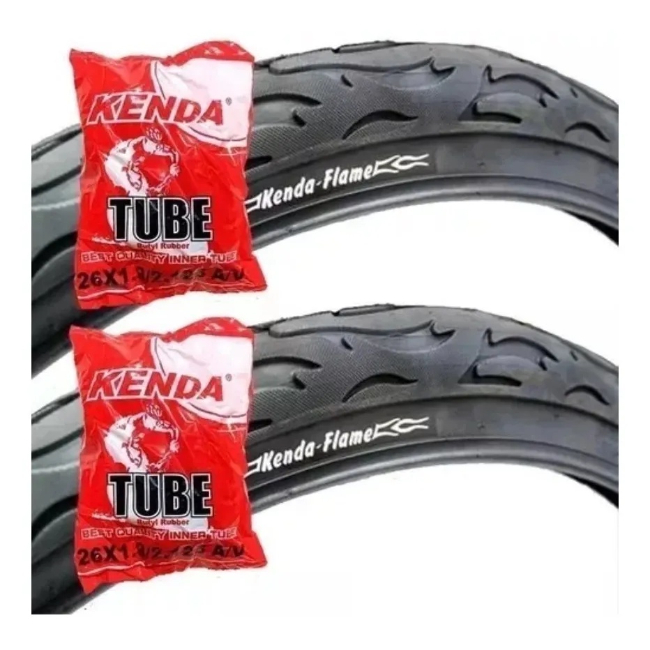 Par Pneu Bicicleta Kenda Flame Aro 26 X 2.125 Balão Slick Bike + 2 Camaras