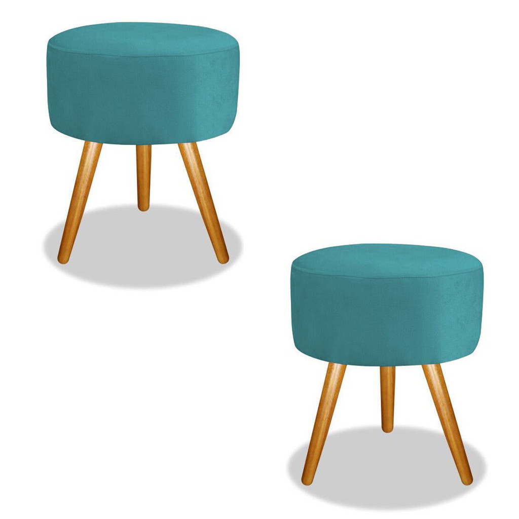 2 Puff Puffe Pé Palito Suede Azul Tiffany Banqueta Confortável Decoração de Sala