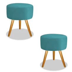 2 Puff Puffe Pé Palito Suede Azul Tiffany Banqueta Confortável Decoração de Sala