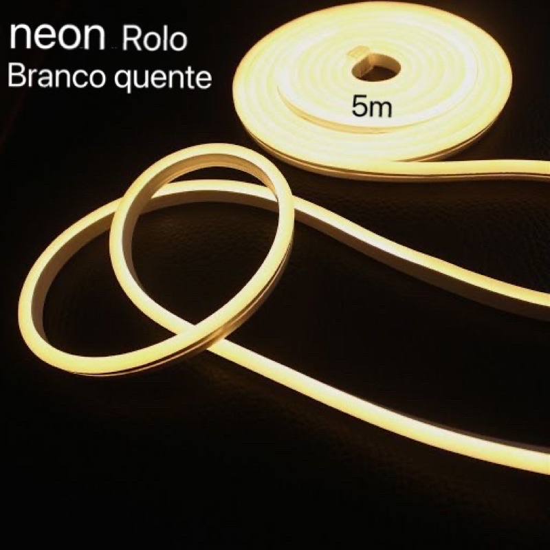 Fita Led Neon Flexível Branco Quente 12v alto brilho- Rolo c/ 5 metros -  Overled Iluminação