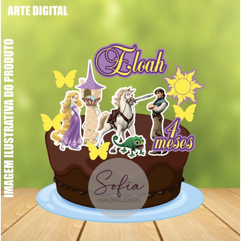 Topo de Bolo - Topper de Bolo Personalizado Aniversário Mesversario Rapunzel Enrolados