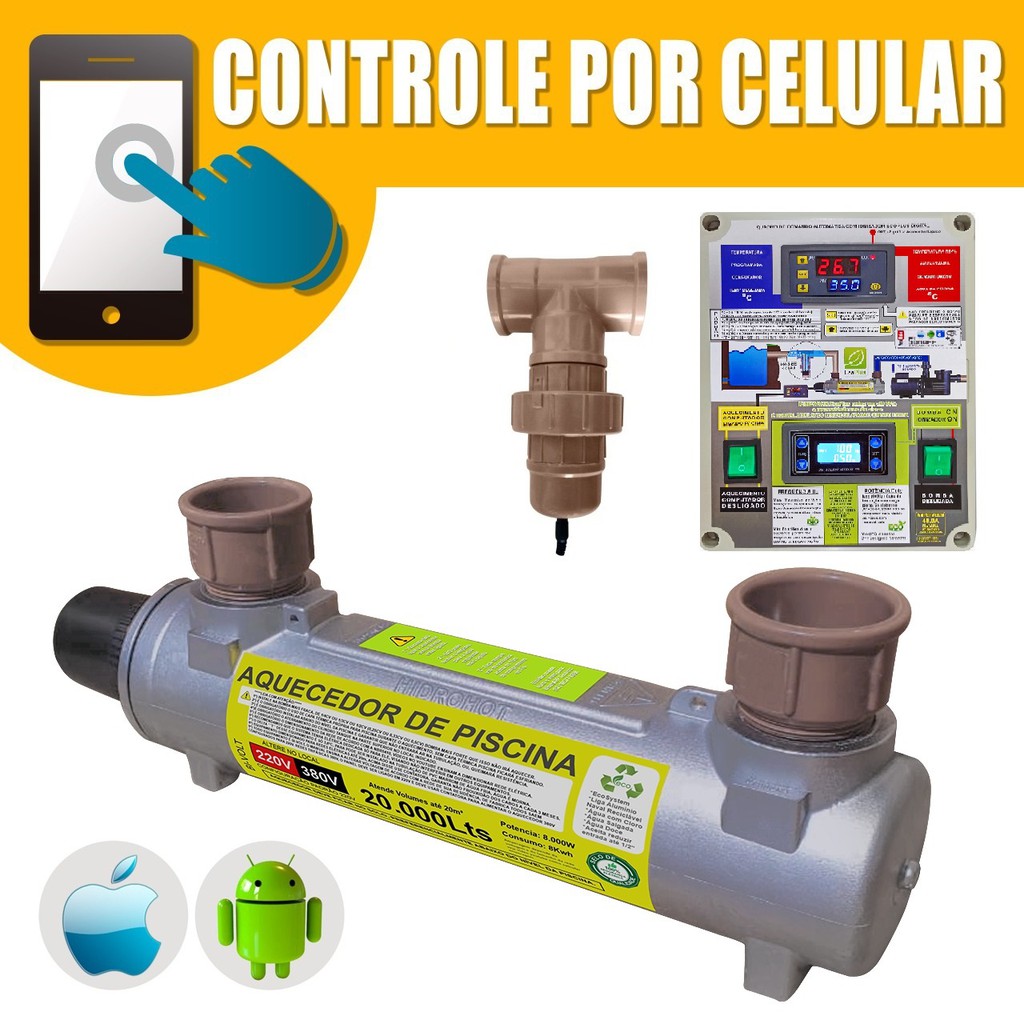 AQUECEDOR DE PISCINA + IONIZADOR HIDROHOT 20.000 LITROS AUTO MOD. P/ CELULAR