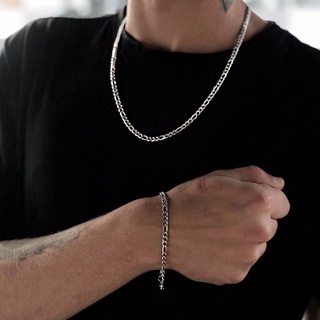 Corrente Cordão Masculino + Pulseira Figaro 3x1 Aço Inox 5mm Grossa Prata Luxo