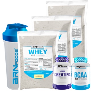 Kit 3x Whey Protein Concentrado em Blend Proteíco 500g + Premium Creatina 100g + BCAA 100g + Coqueteleira - BRN Foods