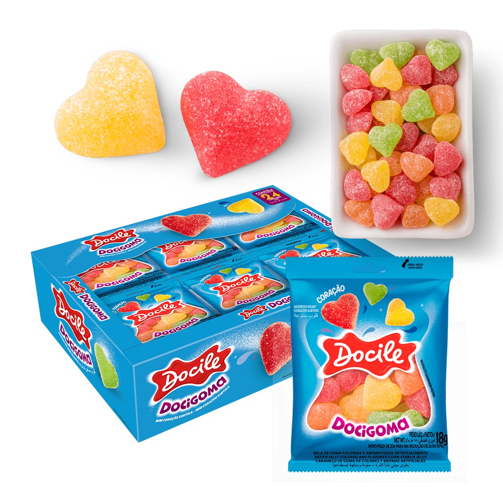 (NO BRASIL) Bala De Goma Docigoma MINI FINO CORAÇÃO Sortidos 18g - Docile 24Un Jujuba Pronta Entrega ORIGINAL CX AZUL