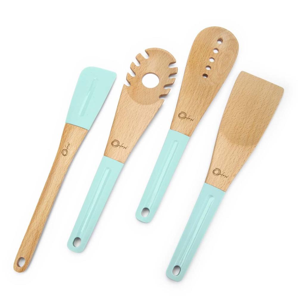 Conjunto de 4 Utensílios de Madeira E Silicone Water Blue