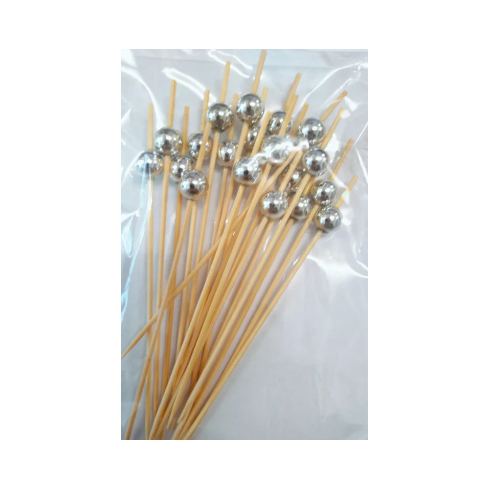 Palito em Bambu p/ petiscos com Bolinhas Prata - 20 Unidades - Silver Festas
