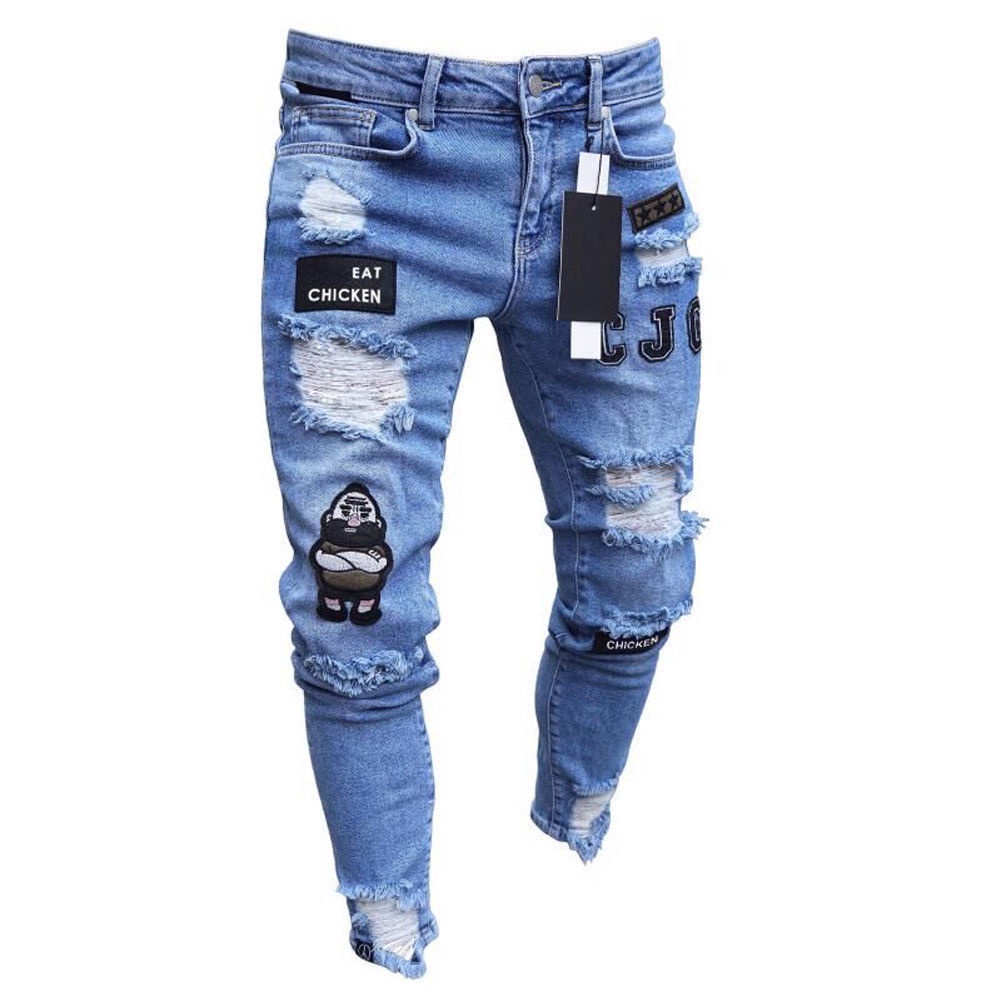 Homens Stretchy Ripped Biker Magro Bordado Calça Jeans De Impressão Destruído Buraco Taped Slim Fit Denim Arranhada