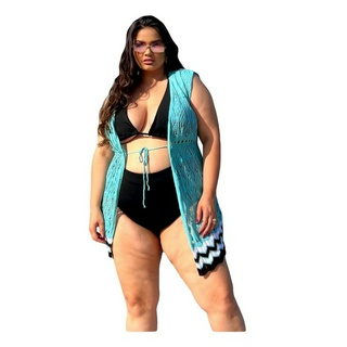 Saida De Praia Aberta Barra Trabalhada Tricot Plus Size