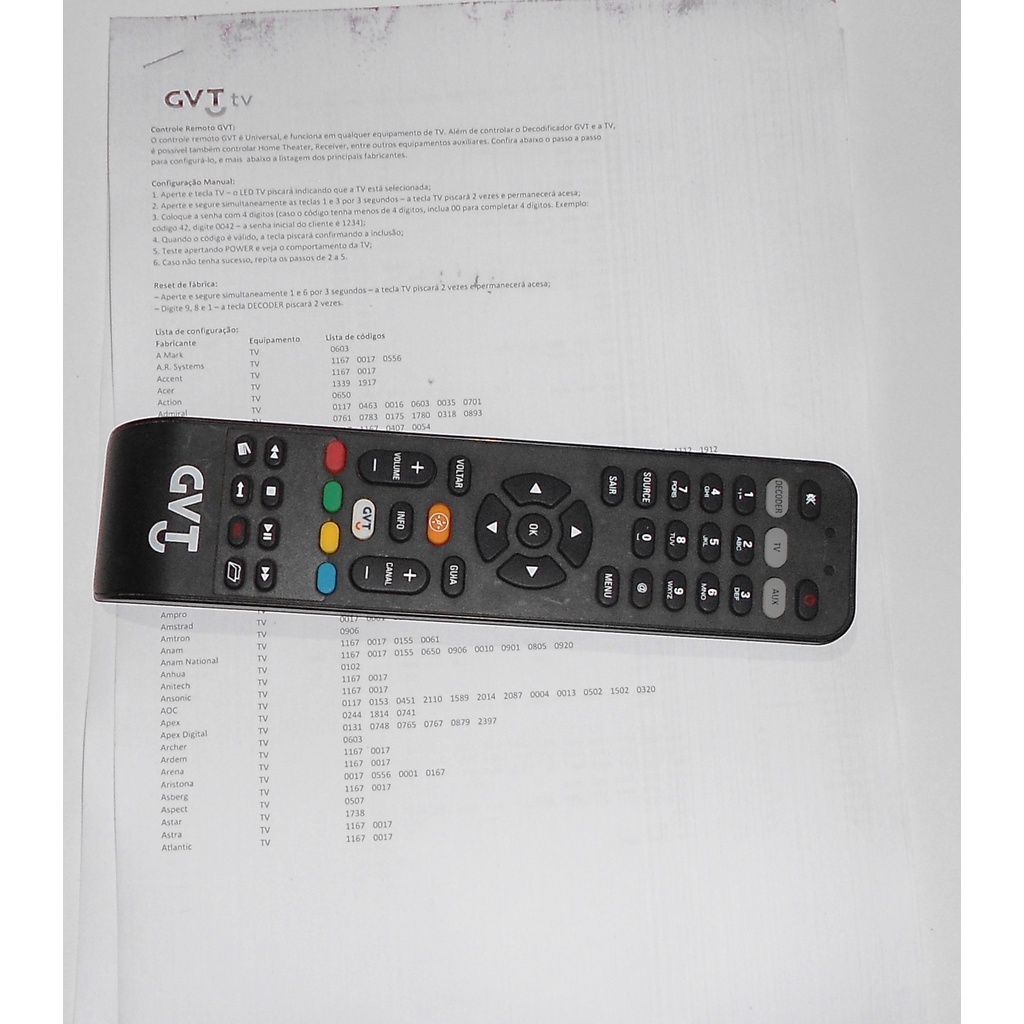 Controle Remoto Universal (VIVO/GVT) + 12 paginas de códigos / Manual   - Original - Usado - Conservado.