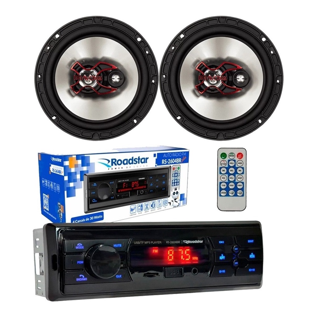 Rádio Roadstar RS2604 Bluetooth USB FM + Par Alto Falante 6  Bravox B3X60X 100w - Audio