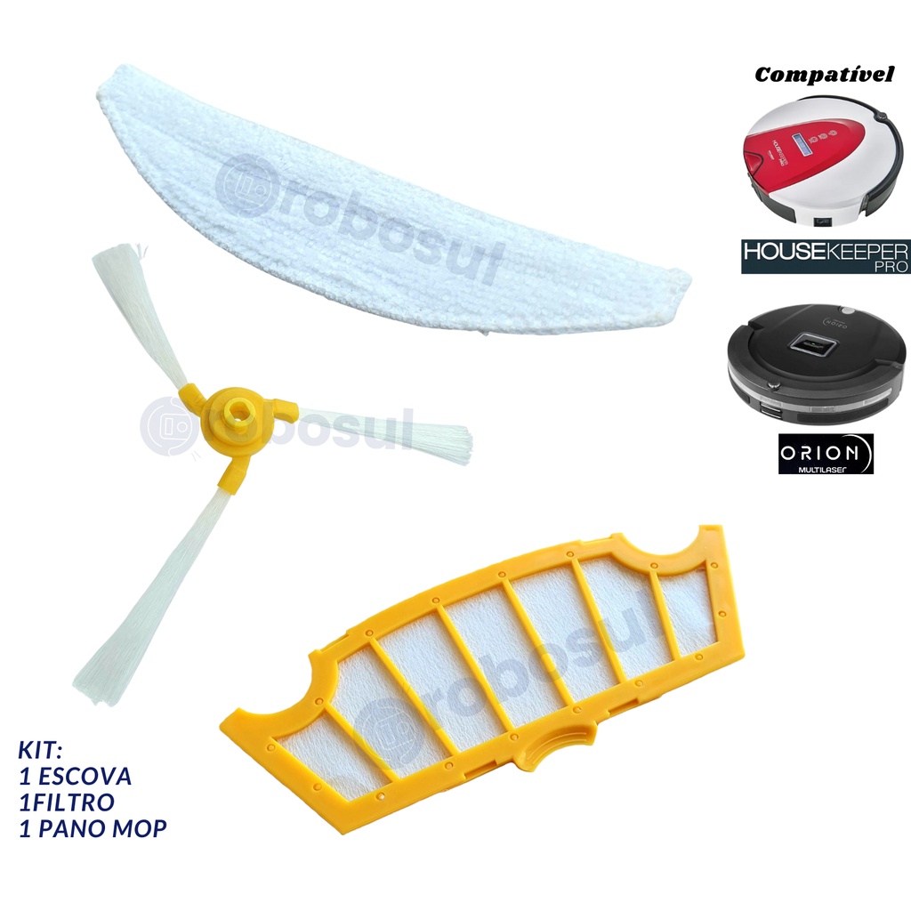 Kit Escova + Filtro + Pano Mop para Robô Aspirador Housekeeper Pro e Multilaser Orion HO042