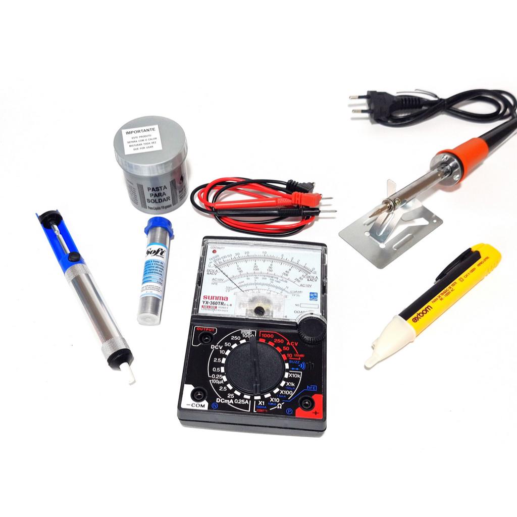 Kit Ferro solda 60w 220v + multimetro analógico + pasta de solda + caneta teste + estanho + sugador