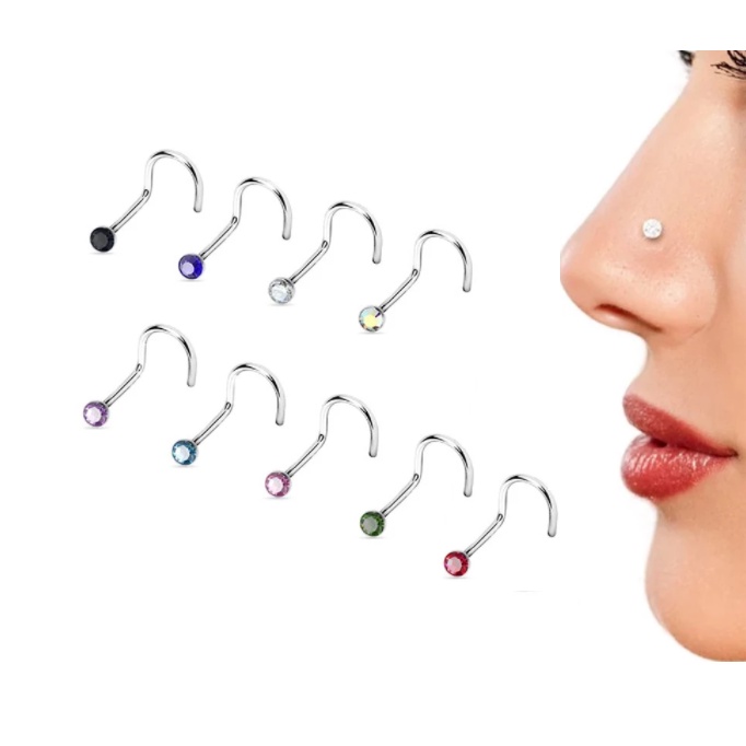 Piercing Nariz Ponto de Luz Reto Torcido Curvado Aço Inoxidável 316L AntiAlérgico