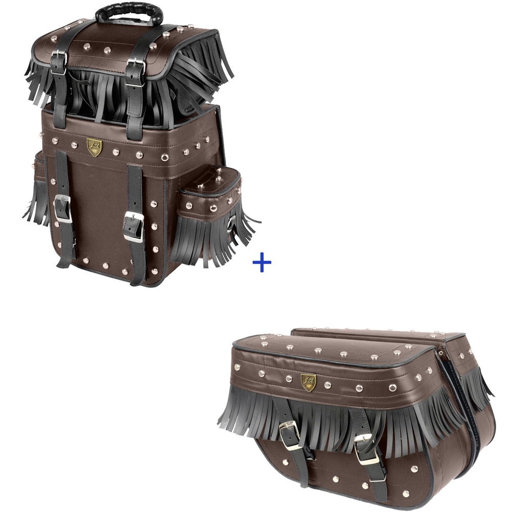 Kit Viagem Alforge Traseiro 25 Litros em Couro Sintético Marrom C/ Cravos e Franjas + Alforge Lateral Losango 32 Litros em Couro Sintético Marrom C/ Cravos e Franjas