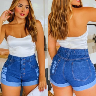 Shorts Jeans Feminino Cintura Alta Cos Alto Desfiado Destroyed Lancamento 2022 Oferta Relampago