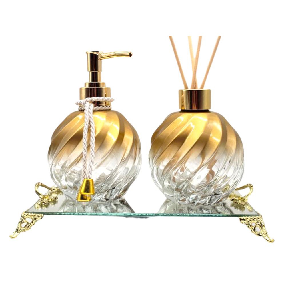 Kit Vidros Espiral Degrade Dourado Super Luxo Para Seu Lavabo Difusor E Saboneteira C/ Bandeja em Oferta na Shopee