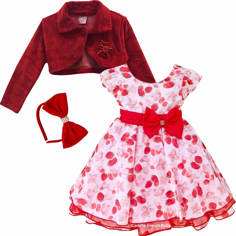 Vestido Infantil Festa Tematico  Moranguinho Vermelho  Com Bolero E Tiara .