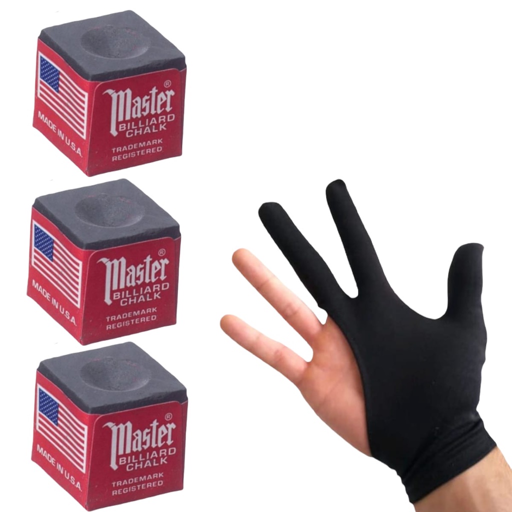 Kit Bilhar Jogo 3 Giz Master para Taco + Luva Profissional Snooker Sinuca