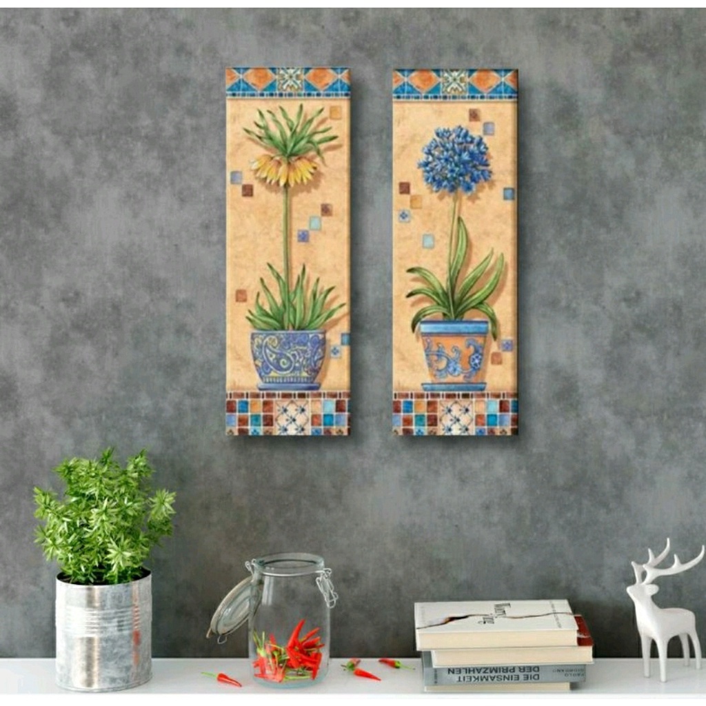 Kit Quadros Decorativos Mosaico 2 Peças Vintage Rústico Lavabo Banheiro Flor Floral Minimalista Vaso Orquidea Cozinha Escritório