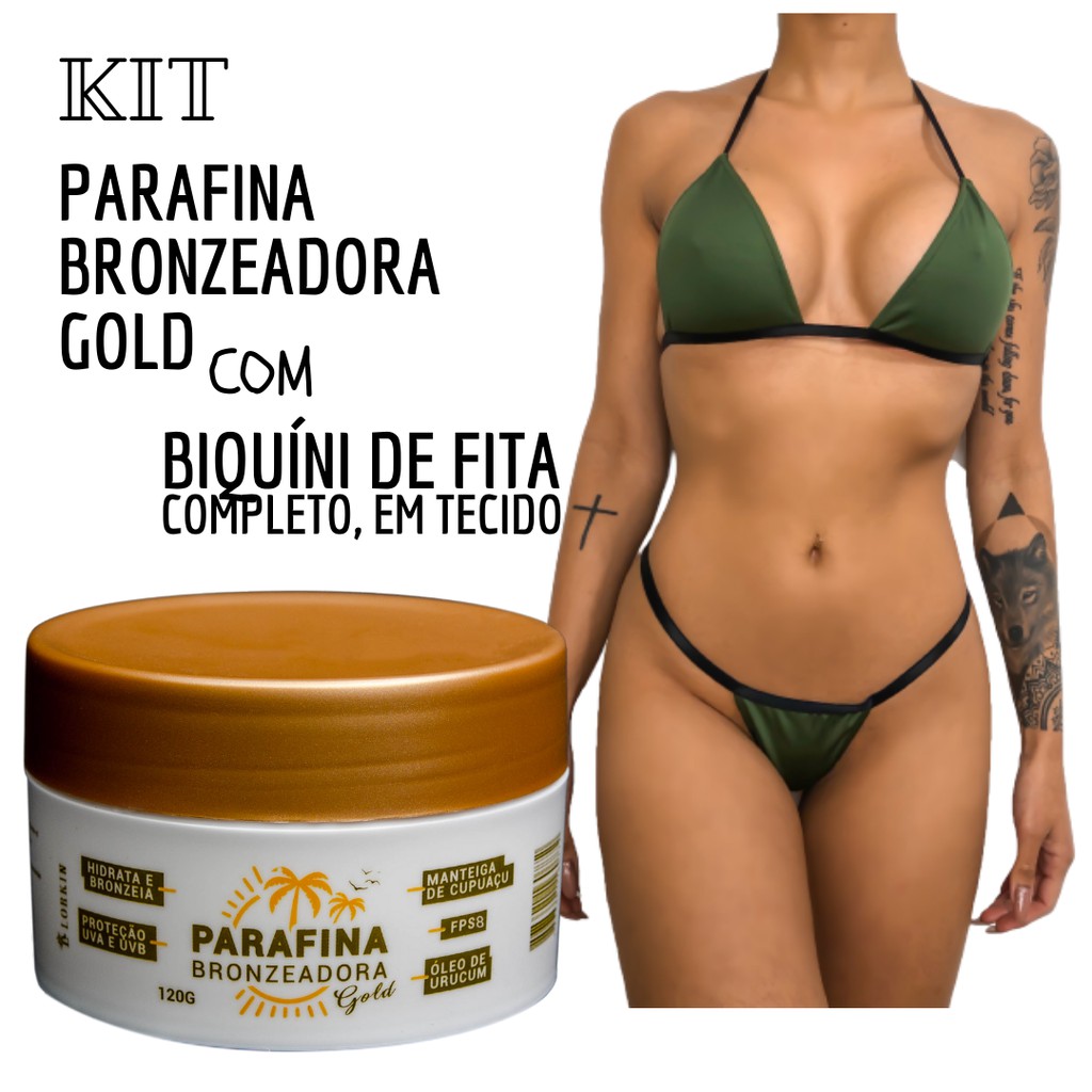 Biquíni Marquinha de Fita Isolante Completo em Tecido Verde Militar + Parafina Bronzeadora Bronzeado Natural Gold