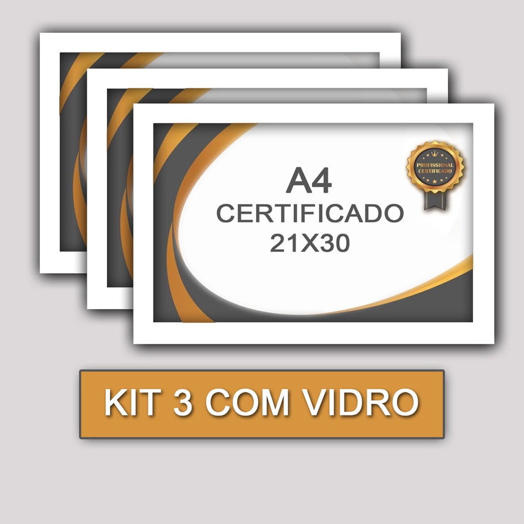 Kit 3 Moldura para Quadro Certificado Com Vidro A4 21X30 - BRANCO em Oferta na Shopee