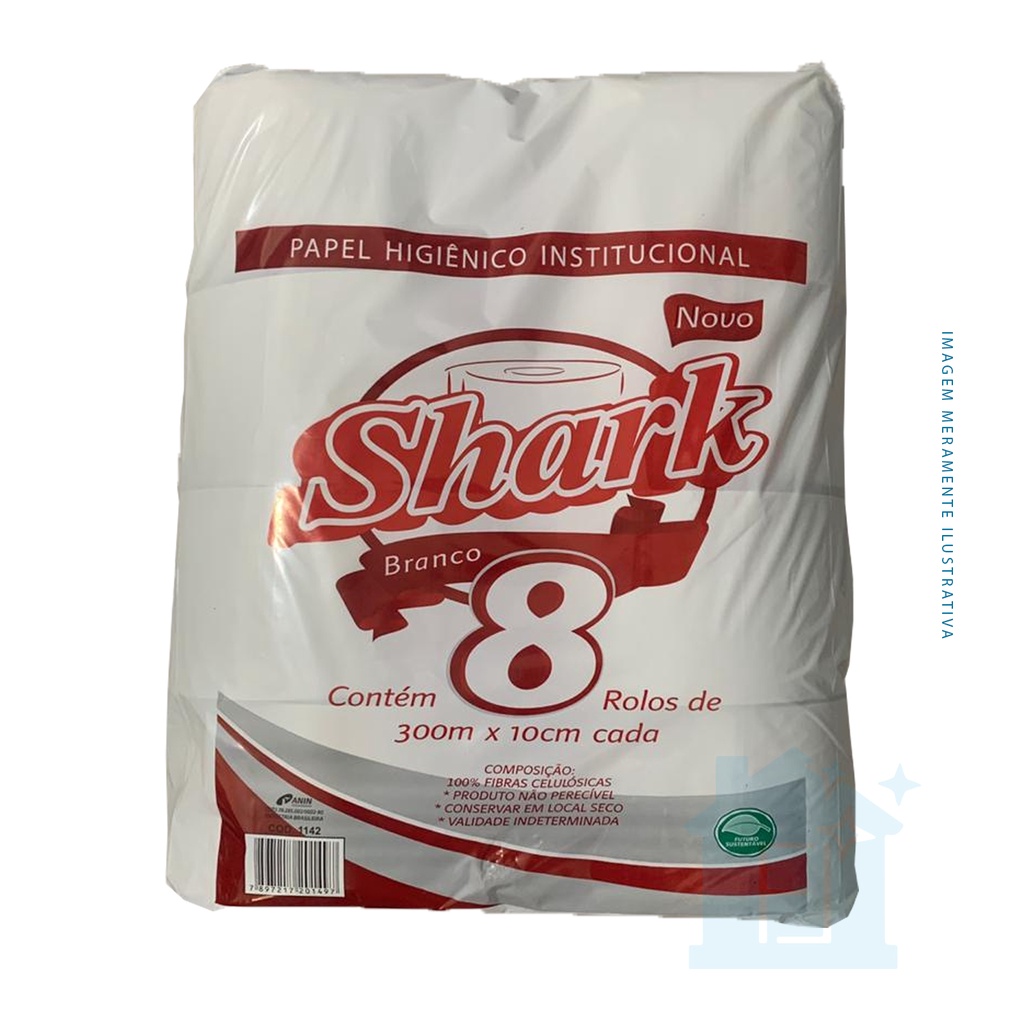 8 Bobinas Papel Higiênico Shark Branco Institucional 300m Rendimento