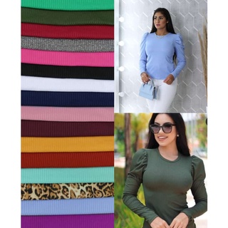 Blusa Feminina Manga Longa Princesa Bufante Blusinha Básica Gola Redonda Malha Canelada Sem Bojo
