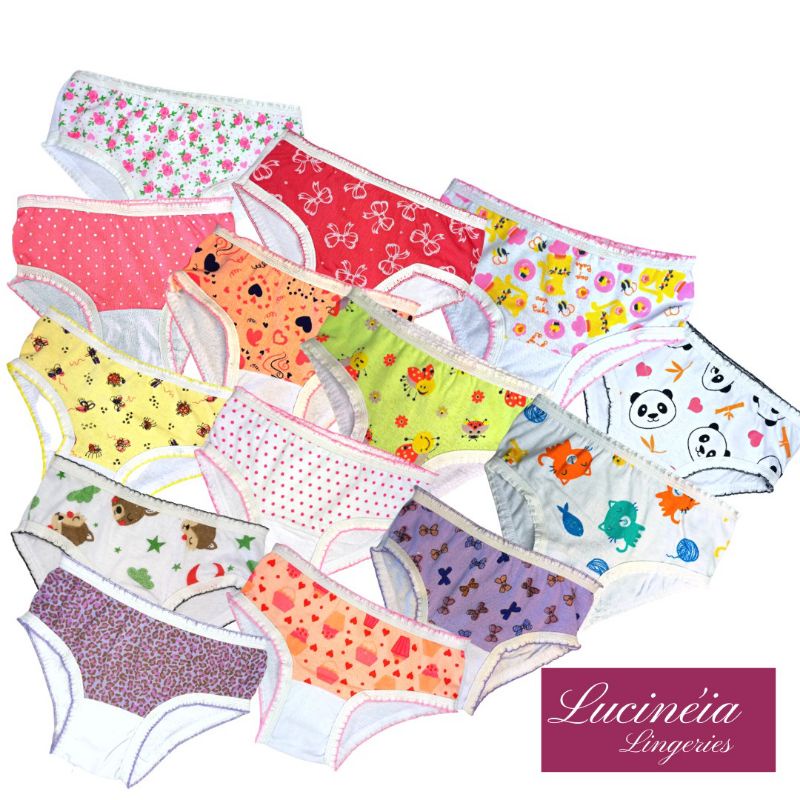Kit 15 pçs - Calcinha Infantil criança menina - 100% Algodão, com Forro, Estampas Variadas – tanga sacoleira.