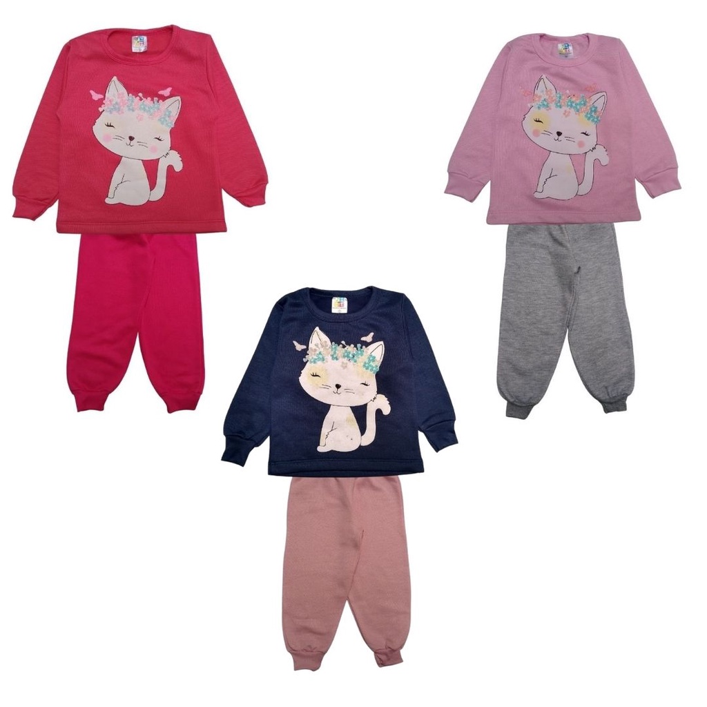 [Tam: 1,2,3] Conjunto Moletom Infantil Menina Jidi Gatinha 1730P Inverno Feminino Cores sortidas