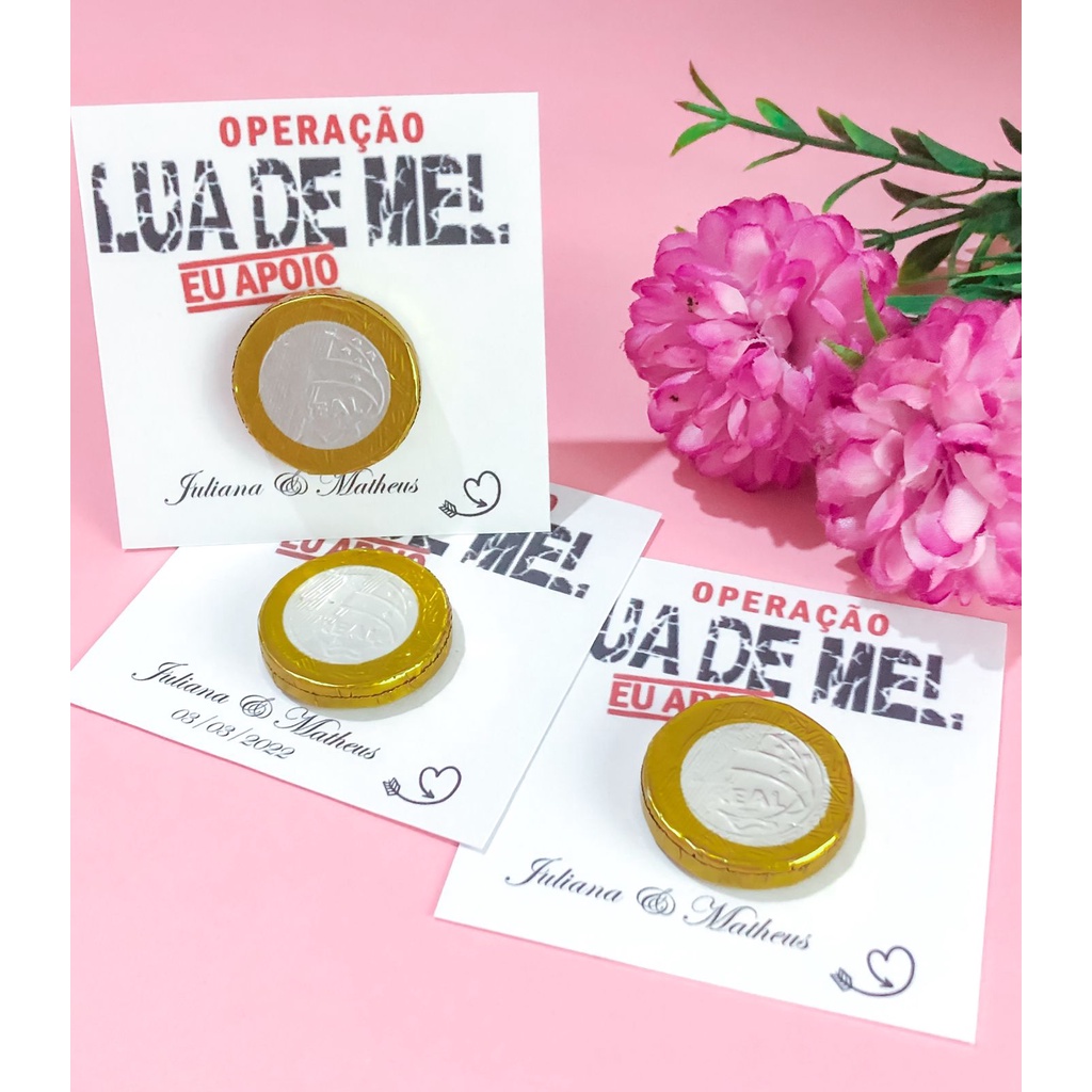 50 Tags para casamento Operação lua de mel + moeda de chocolate
