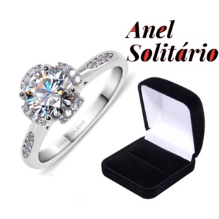 Anel Solitário banhado a prata com pedras + caixinha de luxo em Oferta na Shopee