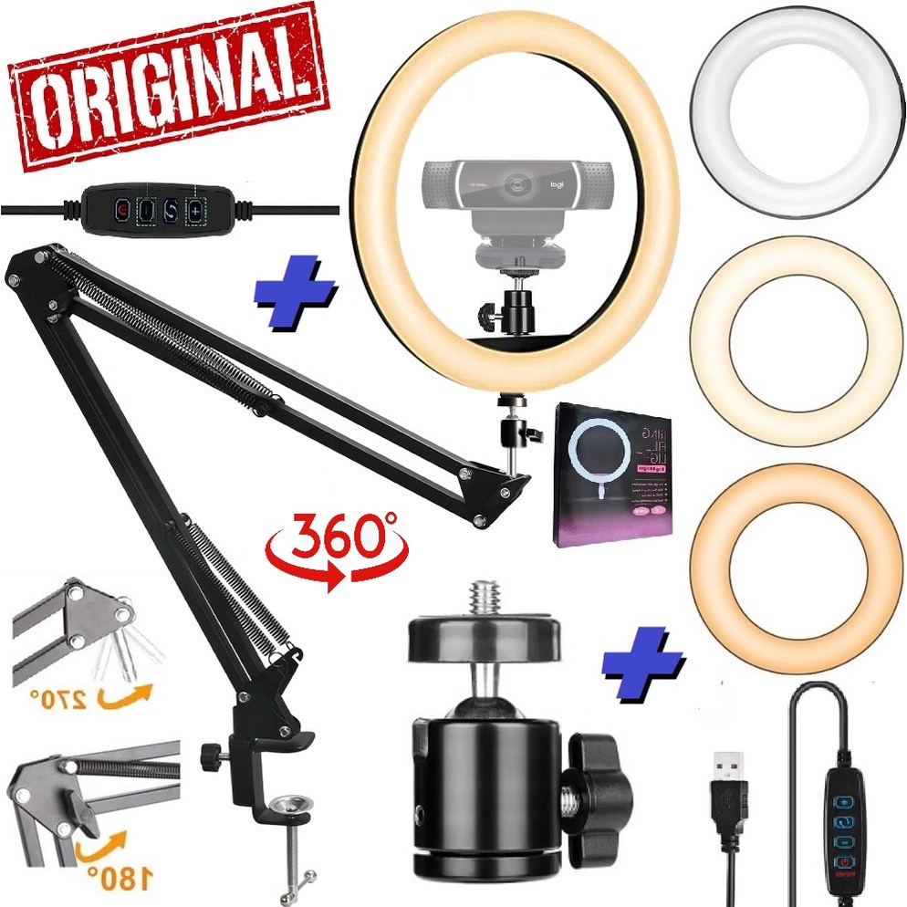 Aro de Luz Anel Ring Light 26cm + Suporte Braço Articulado Pedestal de Mesa Para Webcam Universal 1/4 Vídeo Aula Reunião