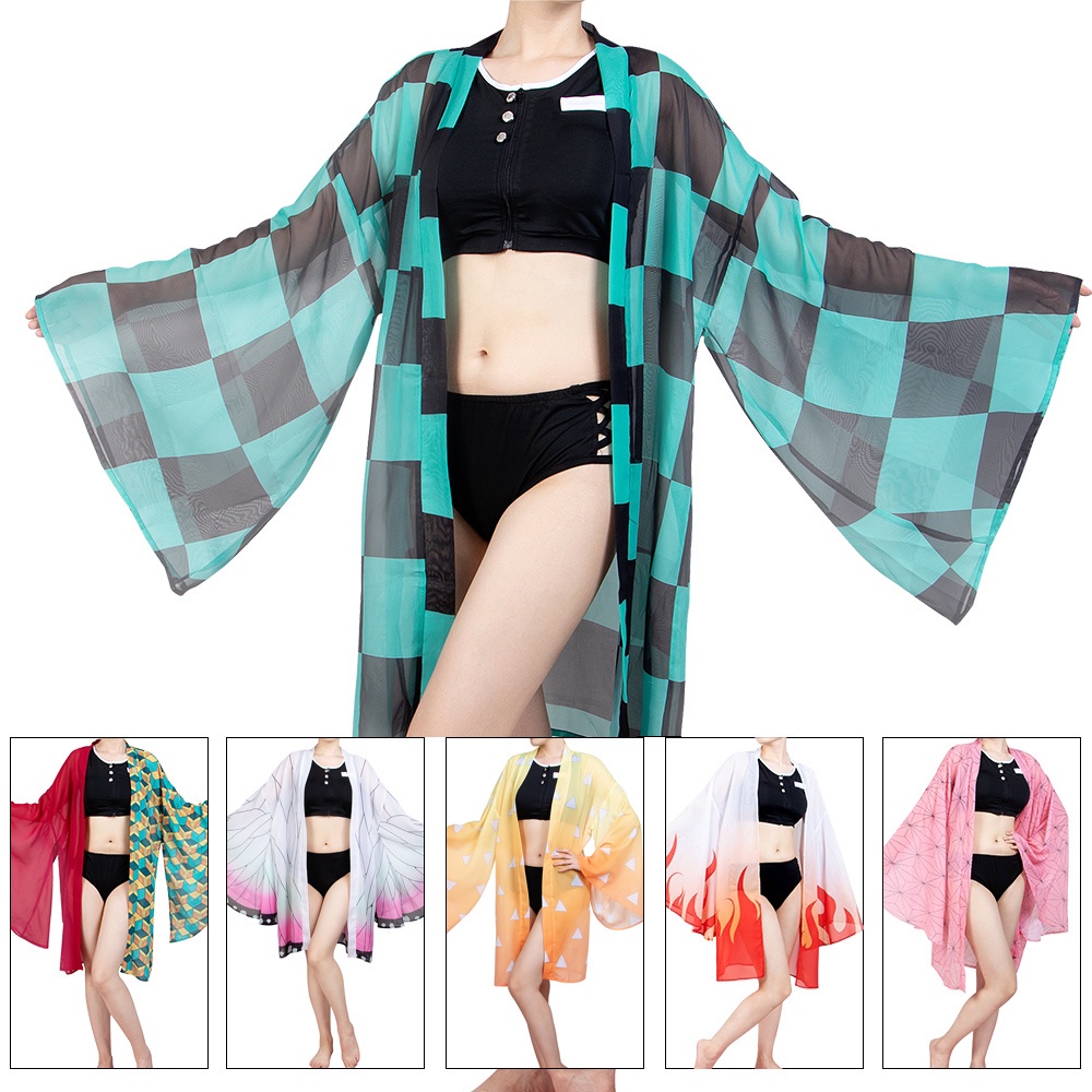 Demon Slayer Cosplay Kochou Shinobu Biquíni Maiô Kimetsu No Yaiba Kamado Banjirou Cos Maiô Maiô Kimono Cardigan