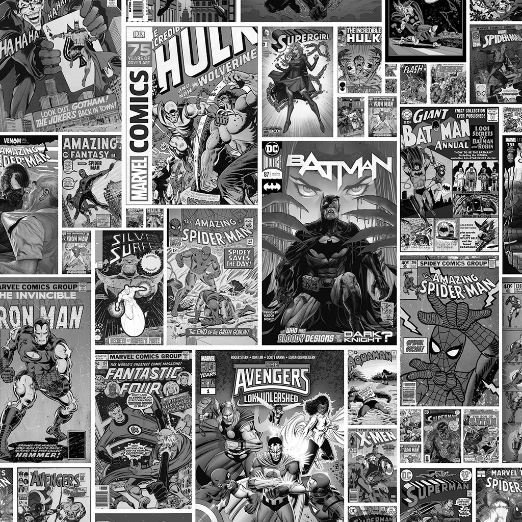 Papel de Parede Adesivo Teens Geek Quadrinhos HQ Super-heróis Marvel Dc Preto e Branco Q04