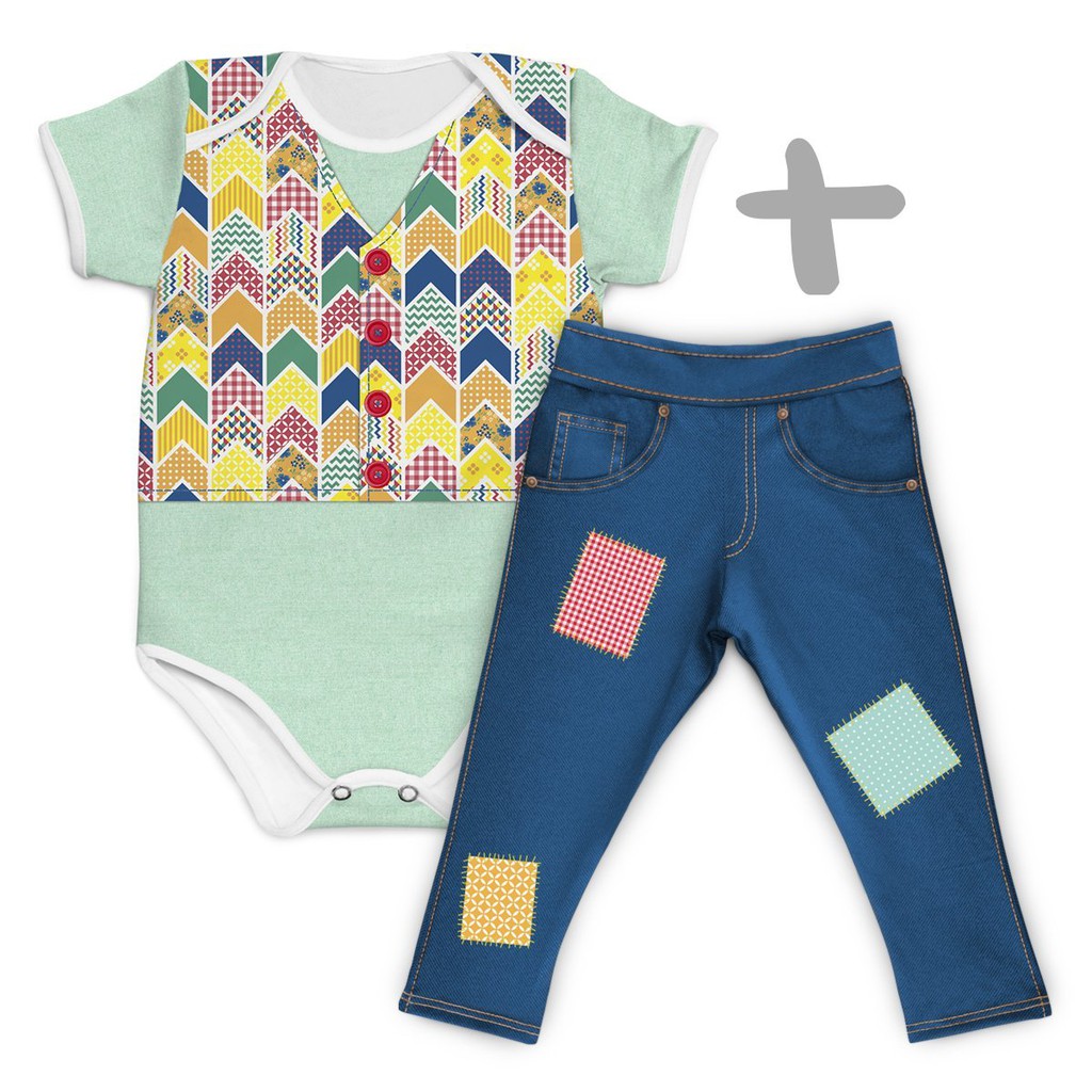 Conjunto Festa Junina Body Bebê Caipira Verde + Jeans MiniBoo Proteção Solar 50+