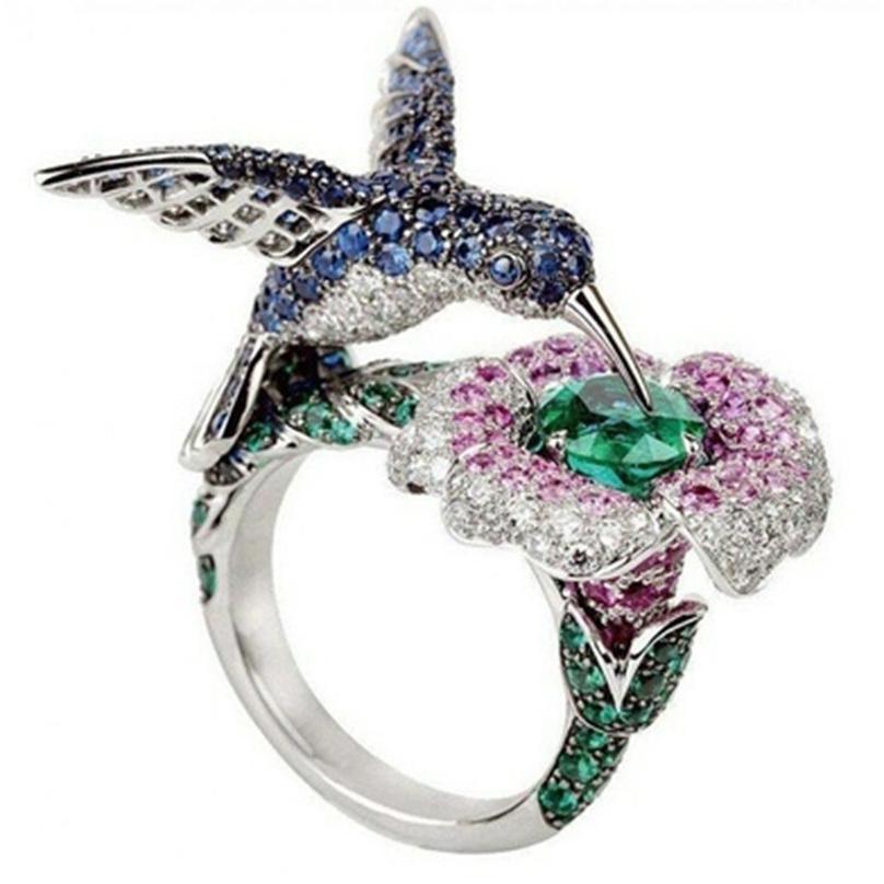 SeuSuk Fashion Silver Ring Bird Flower Pedras Gemas Naturais Safira & Anel Esmeralda