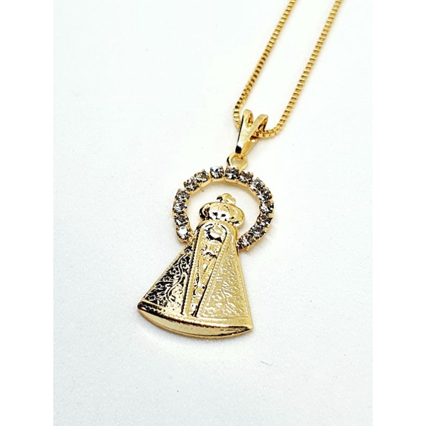 Colar Folheado de Nossa Senhora Aparecida com arco em strass, Corrente Folheado, Colar De Nossa Senhora Feminino, Artigo Religioso, corrente feminina